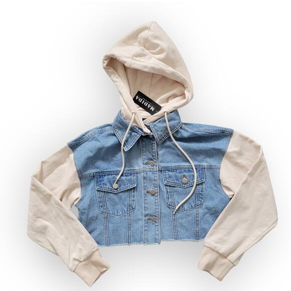 Blue Blush Detachable Hoodie Crop Contrast Cream Sleeves Denim Jacket Sz Small - Picture 2 of 10